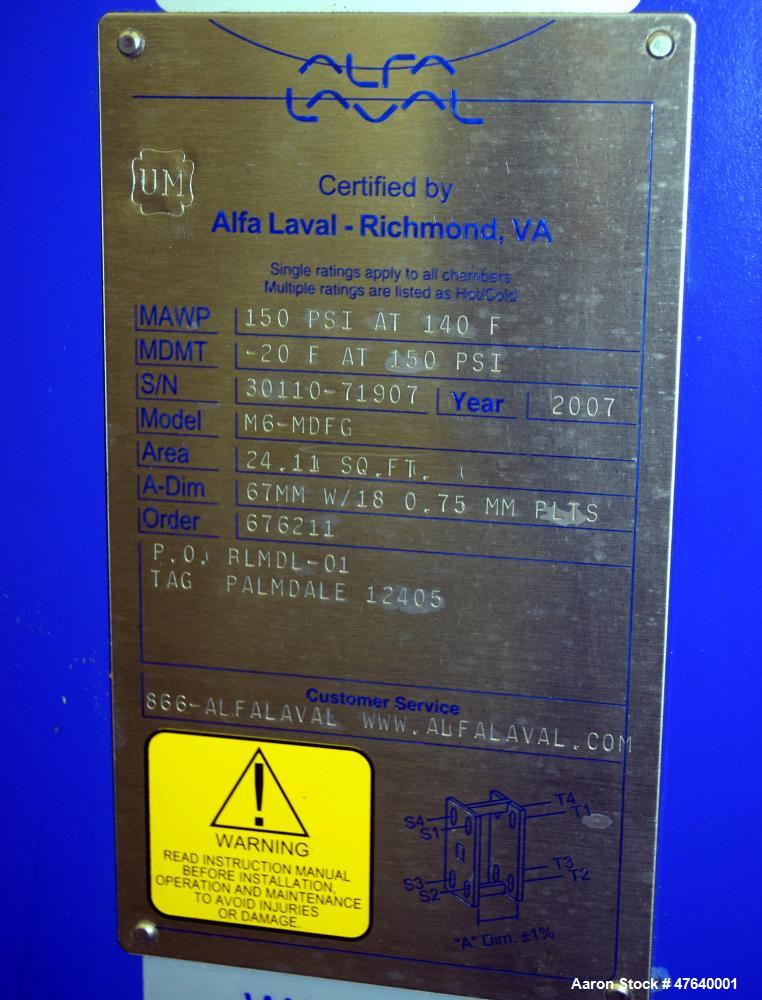 Unused- Alfa Laval Plate Exchanger, 24.11 Square Feet, Model M6-MDFG. (18) 0.75 mm thick 316 stainless steel plates. Designed 150 psi at -20 to 140 degrees F. (4) 2" Inlets & outlets. Mounted on a ca...