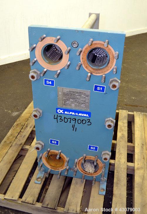 Used Alfa Laval Thermal Plate Exchanger, 59.25 Square Feet, Model M10-MFG. (25) 316 Stainless steel plates. Designed 150 psi at 225 degrees F. (2) 3” Inlets, (2) 3” Outlets. Mounted on a carbon steel...