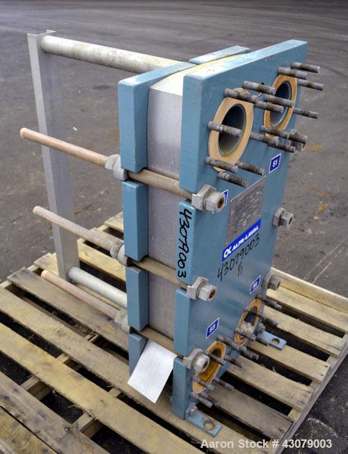 Used Alfa Laval Thermal Plate Exchanger, 59.25 Square Feet, Model M10-MFG. (25) 316 Stainless steel plates. Designed 150 psi at 225 degrees F. (2) 3” Inlets, (2) 3” Outlets. Mounted on a carbon steel...