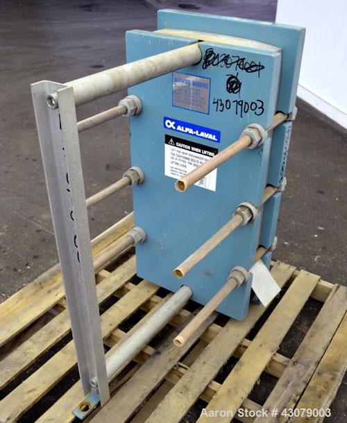 Used Alfa Laval Thermal Plate Exchanger, 59.25 Square Feet, Model M10-MFG. (25) 316 Stainless steel plates. Designed 150 psi at 225 degrees F. (2) 3” Inlets, (2) 3” Outlets. Mounted on a carbon steel...
