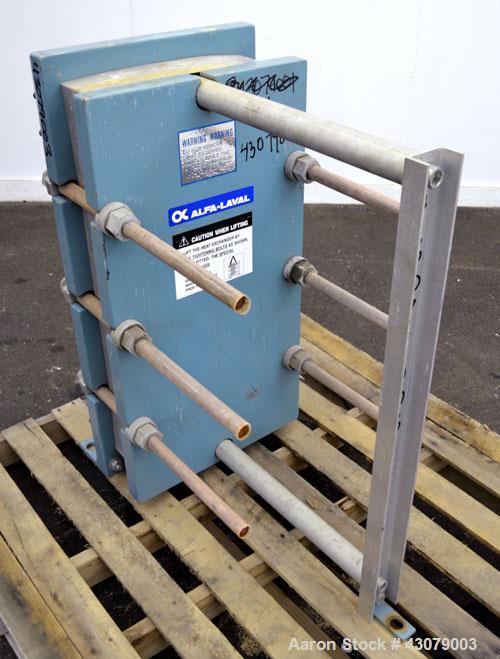 Used Alfa Laval Thermal Plate Exchanger, 59.25 Square Feet, Model M10-MFG. (25) 316 Stainless steel plates. Designed 150 psi at 225 degrees F. (2) 3” Inlets, (2) 3” Outlets. Mounted on a carbon steel...