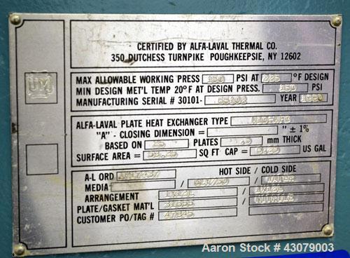 Used Alfa Laval Thermal Plate Exchanger, 59.25 Square Feet, Model M10-MFG. (25) 316 Stainless steel plates. Designed 150 psi at 225 degrees F. (2) 3” Inlets, (2) 3” Outlets. Mounted on a carbon steel...