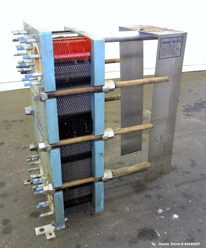 Used Alfa Laval Thermal Plate Exchanger, 89.99 Square Feet, Model M10-MFG. (38) 0.40 mm thick 304 stainless steel plates. Designed 150 psi at 230 degrees F. (2) 4” Blank inlets, (2) 4” blank outlets....