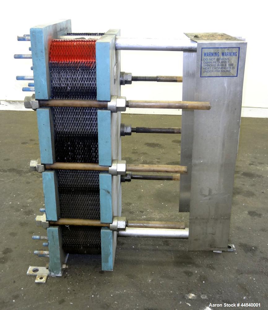Used Alfa Laval Thermal Plate Exchanger, 89.99 Square Feet, Model M10-MFG. (38) 0.40 mm thick 304 stainless steel plates. Designed 150 psi at 230 degrees F. (2) 4” Blank inlets, (2) 4” blank outlets....