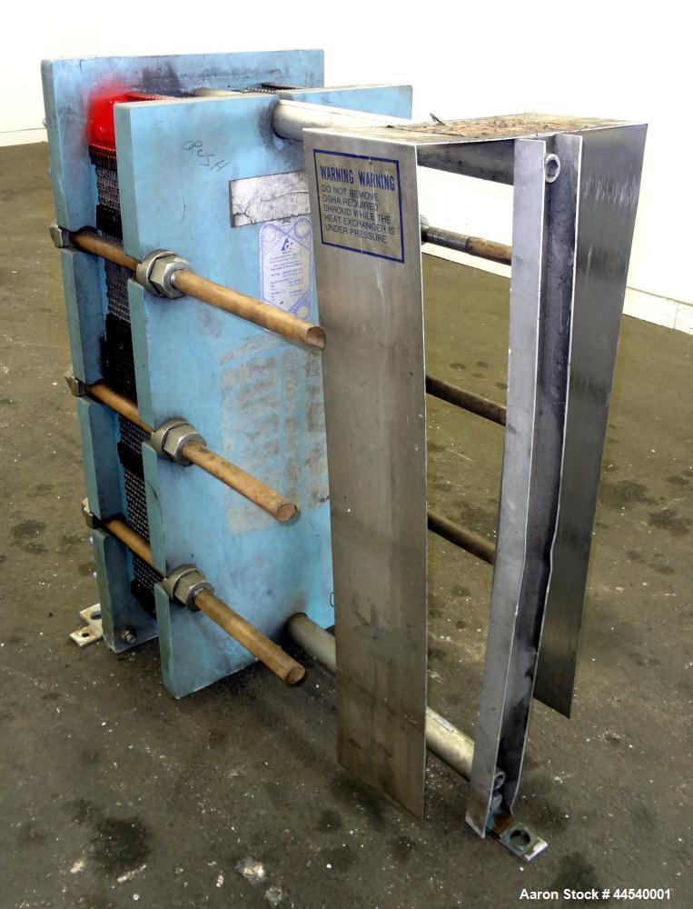 Used Alfa Laval Thermal Plate Exchanger, 89.99 Square Feet, Model M10-MFG. (38) 0.40 mm thick 304 stainless steel plates. Designed 150 psi at 230 degrees F. (2) 4” Blank inlets, (2) 4” blank outlets....
