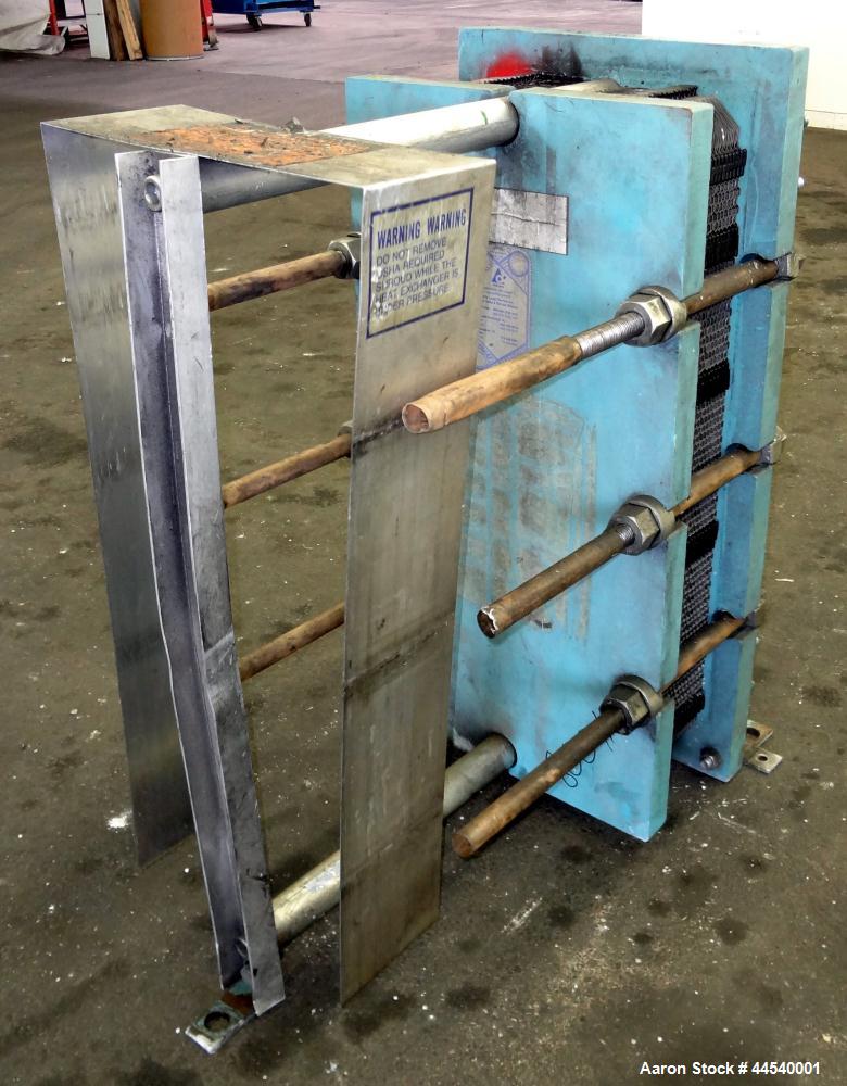 Used Alfa Laval Thermal Plate Exchanger, 89.99 Square Feet, Model M10-MFG. (38) 0.40 mm thick 304 stainless steel plates. Designed 150 psi at 230 degrees F. (2) 4” Blank inlets, (2) 4” blank outlets....