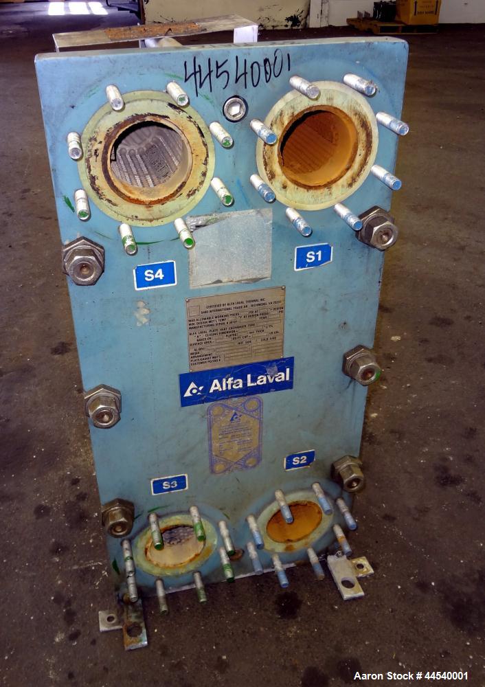 Used Alfa Laval Thermal Plate Exchanger, 89.99 Square Feet, Model M10-MFG. (38) 0.40 mm thick 304 stainless steel plates. Designed 150 psi at 230 degrees F. (2) 4” Blank inlets, (2) 4” blank outlets....