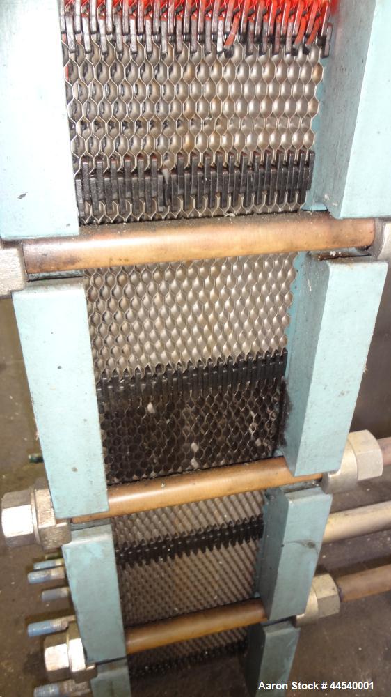 Used Alfa Laval Thermal Plate Exchanger, 89.99 Square Feet, Model M10-MFG. (38) 0.40 mm thick 304 stainless steel plates. Designed 150 psi at 230 degrees F. (2) 4” Blank inlets, (2) 4” blank outlets....