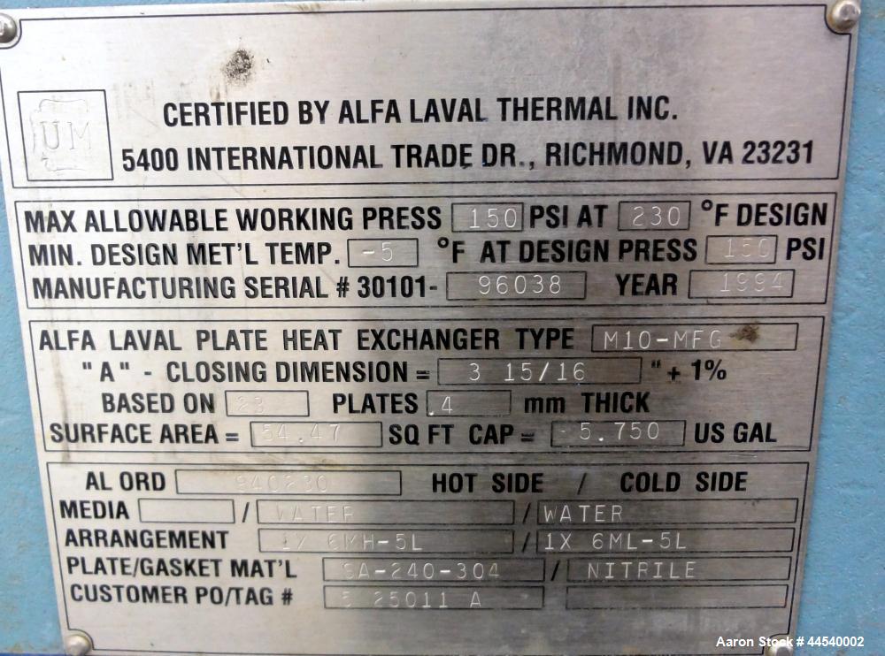 Used Alfa Laval Thermal Plate Exchanger, 153 Square Feet, Model M10-MFG