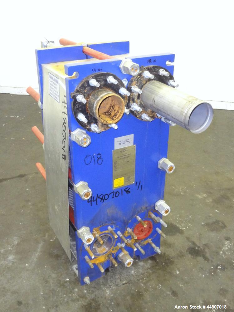 Used Alfa Laval Plate Exchanger, Model M10-BFG, 279 Square Feet.  (110) 0.40 mm Thick 304 stainless steel plates. Designed 150 psi at -20 to 200 degrees F. (2) 4" Inlets, (2) 4" outlets.  Mounted on ...