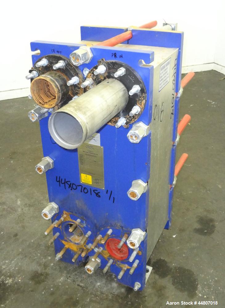 Used Alfa Laval Plate Exchanger, Model M10-BFG, 279 Square Feet.  (110) 0.40 mm Thick 304 stainless steel plates. Designed 150 psi at -20 to 200 degrees F. (2) 4" Inlets, (2) 4" outlets.  Mounted on ...