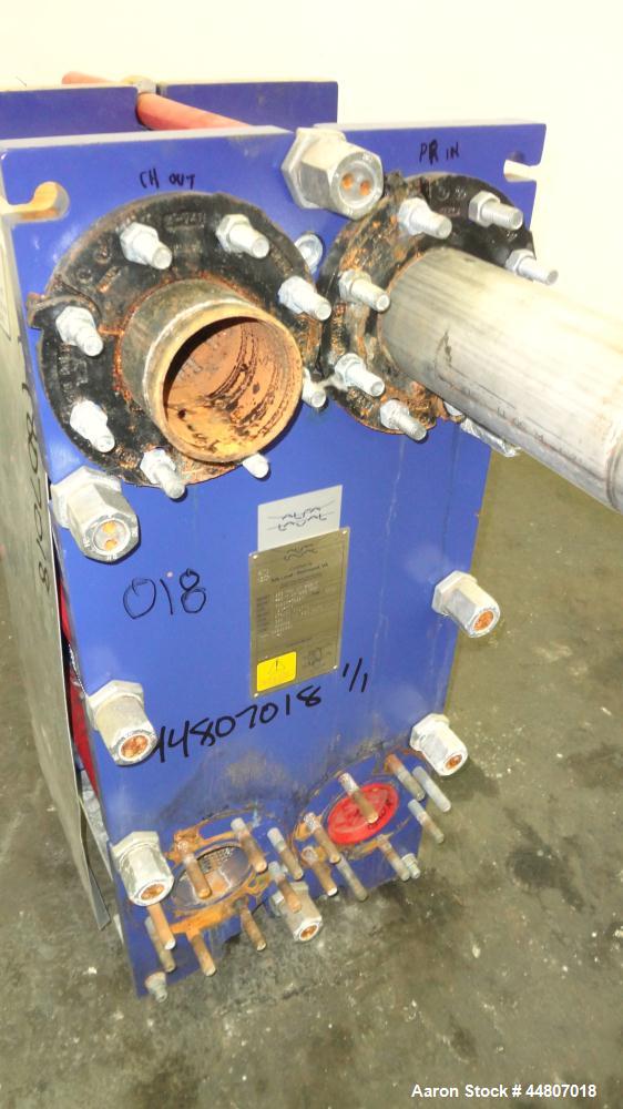 Used Alfa Laval Plate Exchanger, Model M10-BFG, 279 Square Feet.  (110) 0.40 mm Thick 304 stainless steel plates. Designed 150 psi at -20 to 200 degrees F. (2) 4" Inlets, (2) 4" outlets.  Mounted on ...