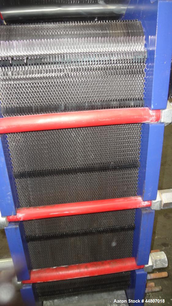 Used Alfa Laval Plate Exchanger, Model M10-BFG, 279 Square Feet.  (110) 0.40 mm Thick 304 stainless steel plates. Designed 150 psi at -20 to 200 degrees F. (2) 4" Inlets, (2) 4" outlets.  Mounted on ...