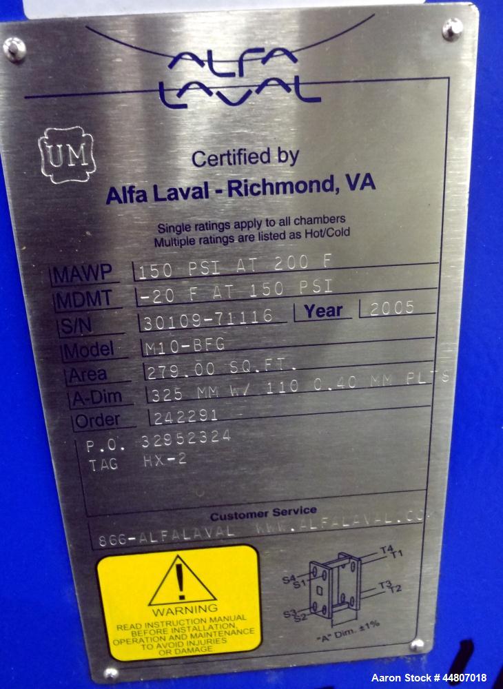 Used Alfa Laval Plate Exchanger, Model M10-BFG, 279 Square Feet.  (110) 0.40 mm Thick 304 stainless steel plates. Designed 150 psi at -20 to 200 degrees F. (2) 4" Inlets, (2) 4" outlets.  Mounted on ...
