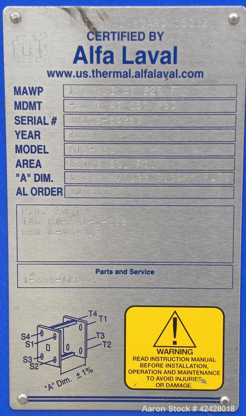 Used Alfa Laval Thermal Plate Exchanger, 887.6 square feet, model M15-BFG. (133) Approximately 20-1/2’’ wide x 60’’ tall x 0.50 mm thick 316 stainless steel plates. Designed 150 psi at –20 to 225 deg...