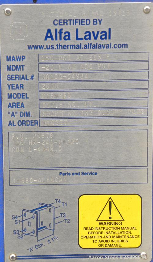 Used Alfa Laval Thermal Plate Exchanger, 887.6 square feet, model M15-BFG. (133) Approximately 20-1/2’’ wide x 60’’ tall x 0.50 mm thick 316 stainless steel plates. Designed 150 psi at –20 to 225 deg...
