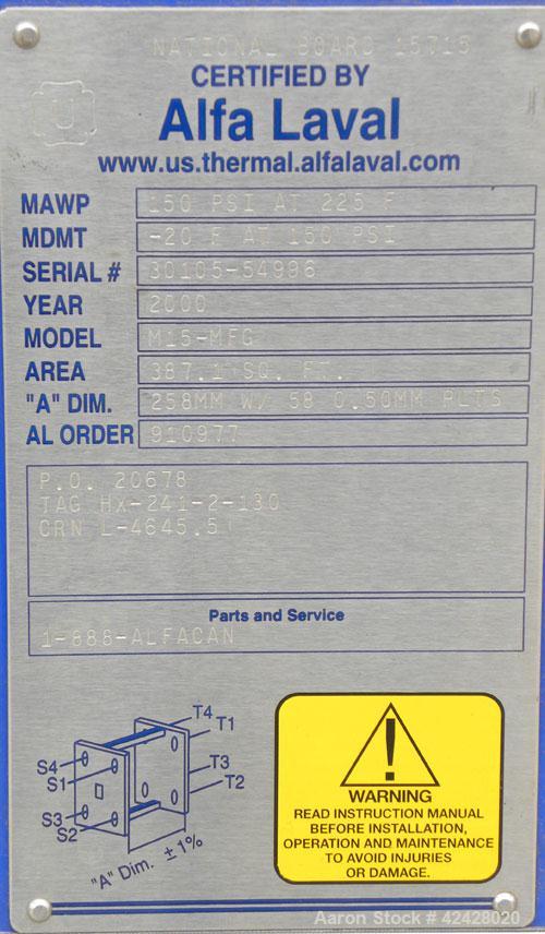 Used Alfa Laval Thermal Plate Exchanger, 387.1 square feet, model M15-BFG. (58) Approximately 20-1/2’’ wide x 60’’ tall x 0.50 mm thick 316 stainless steel plates. Designed 150 psi at –20 to 225 deg ...
