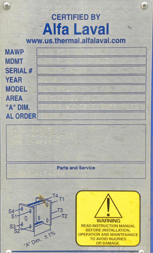 Used Alfa Laval Thermal Plate Exchanger, 387.1 square feet, model M15-BFG. (58) Approximately 20-1/2’’ wide x 60’’ tall x 0.50 mm thick 316 stainless steel plates. Designed 150 psi at –20 to 225 deg ...