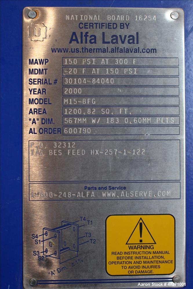 Used Alfa Laval Thermal Plate Exchanger, 1200.82 Square Feet, Model M15-BFG.