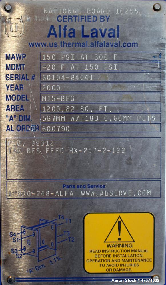 Used Alfa Laval Thermal Plate Exchanger, 1200.82 Square Feet, Model M15-BFG.