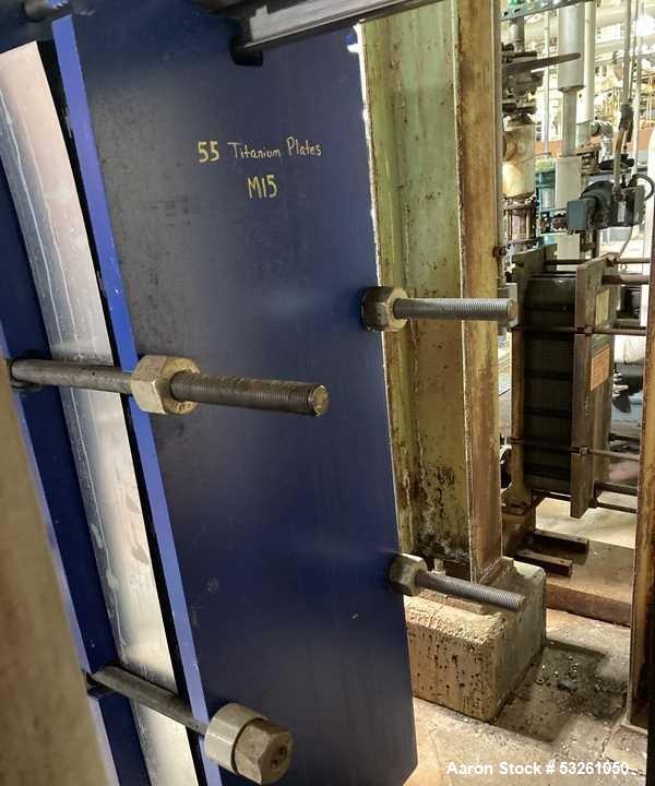 Used Alfa Laval Model M15-BFG TITANIUM 366.92 Sq. Ft. Plate Heat Exchanger. 366.92 Sq. Ft. according to the name plate. Marked as (55) Plates. Extra Plates available as spares.