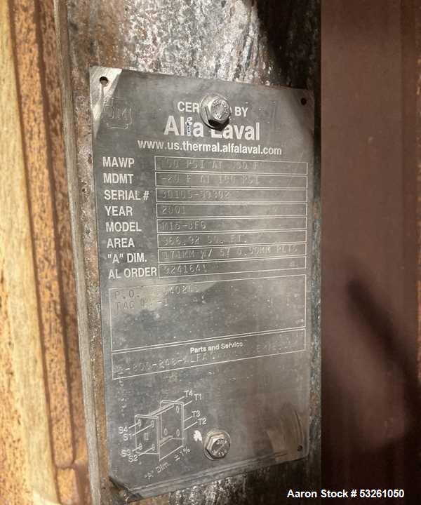 Used Alfa Laval Model M15-BFG TITANIUM 366.92 Sq. Ft. Plate Heat Exchanger. 366.92 Sq. Ft. according to the name plate. Marked as (55) Plates. Extra Plates available as spares.