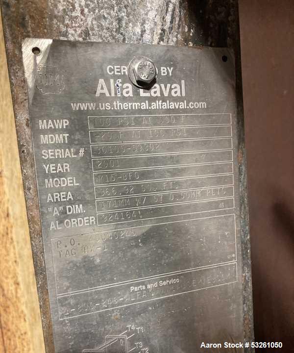 Used Alfa Laval Model M15-BFG TITANIUM 366.92 Sq. Ft. Plate Heat Exchanger. 366.92 Sq. Ft. according to the name plate. Marked as (55) Plates. Extra Plates available as spares.