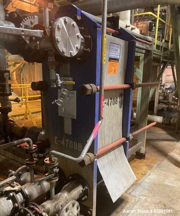 Used Alfa Laval Model M15-BFG Plate And Frame Heat Exchanger. 1207.2 square foot capacity. E-4708B. (181) 0.50mm stainless steel plates.