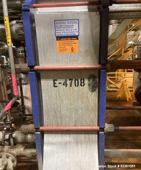 Used Alfa Laval Model M15-BFG Plate And Frame Heat Exchanger. 1207.2 square foot capacity. E-4708B. (181) 0.50mm stainless steel plates.