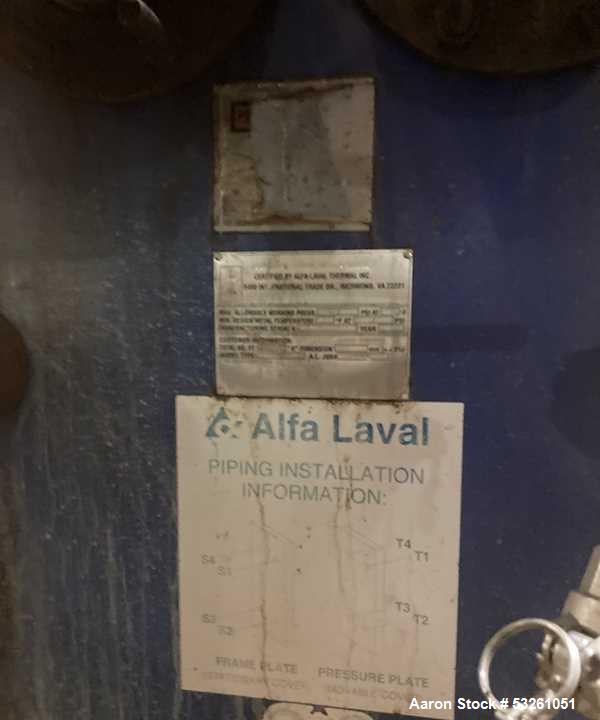 Used Alfa Laval Model M15-BFG Plate And Frame Heat Exchanger. 1207.2 square foot capacity. E-4708B. (181) 0.50mm stainless steel plates.