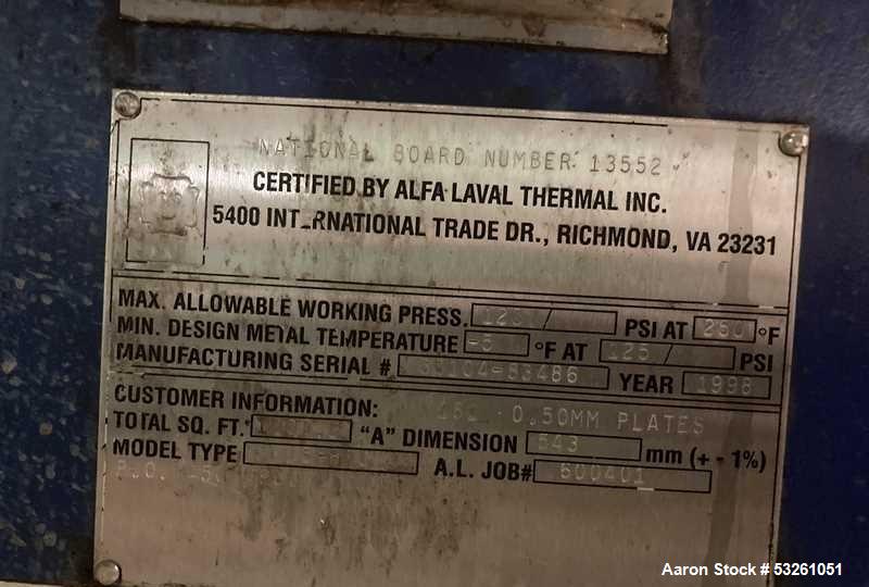 Used Alfa Laval Model M15-BFG Plate And Frame Heat Exchanger. 1207.2 square foot capacity. E-4708B. (181) 0.50mm stainless steel plates.