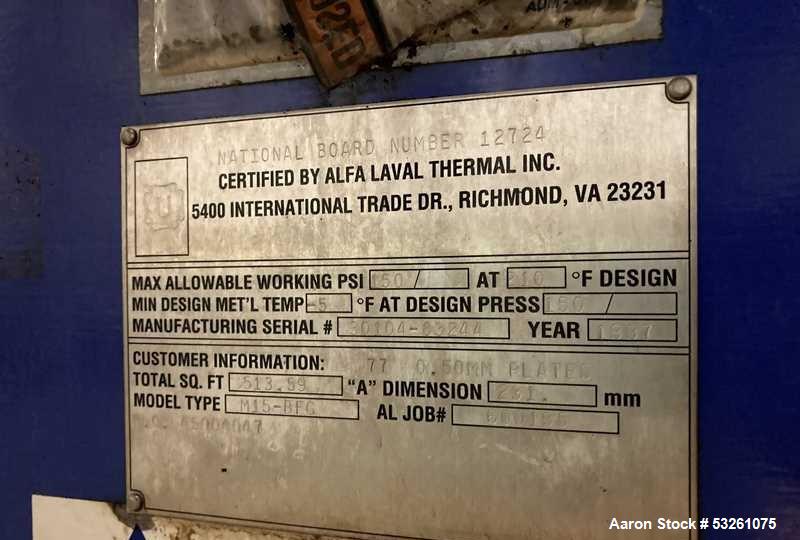 Used Alfa Laval M15-BFG Stainless Steel Plate and Frame Heat Exchange. 513.59 Sq. Ft. Surface Area. E-4311. (77) 0.50MM stainless steel plates.