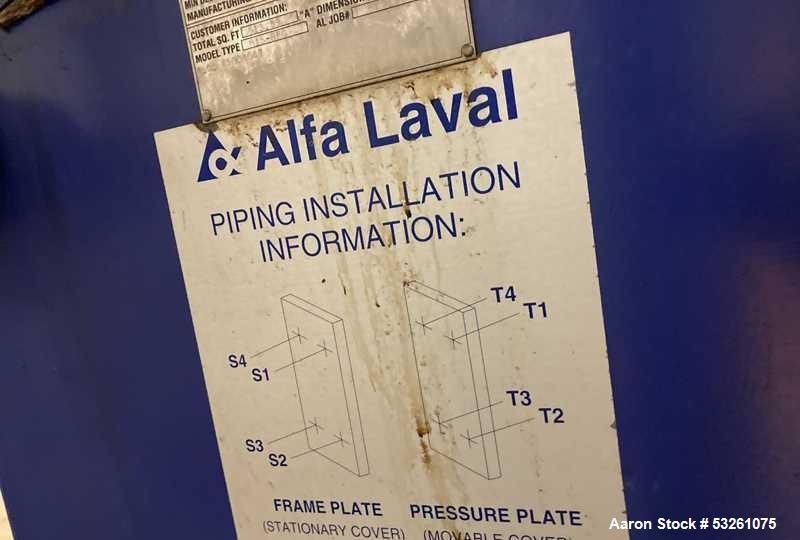Used Alfa Laval M15-BFG Stainless Steel Plate and Frame Heat Exchange. 513.59 Sq. Ft. Surface Area. E-4311. (77) 0.50MM stainless steel plates.
