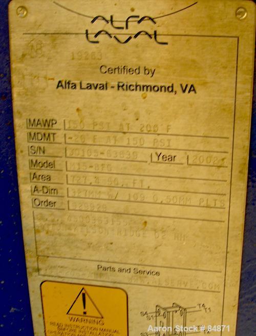 Unused-UNUSED: Alfa Laval gasketed plate heat exchanger, model M15-BFG, 727.4 sq ft, 316 stainless steel. Max flow rate 2000 gallons per minute. 109 approx 24" wide plates, rated 150 psi at 200 deg F...