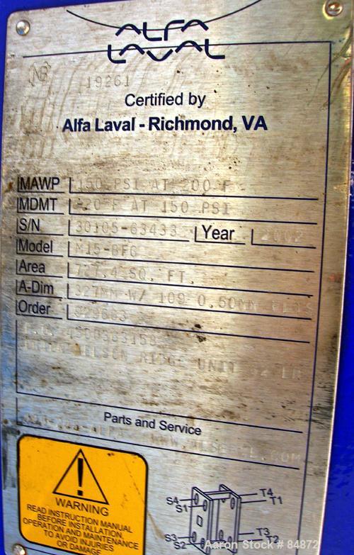 Unused-UNUSED: Alfa Laval gasketed plate heat exchanger, model M15-BFG, 727.4 sq ft, 316 stainless steel. Max flow rate 2000...