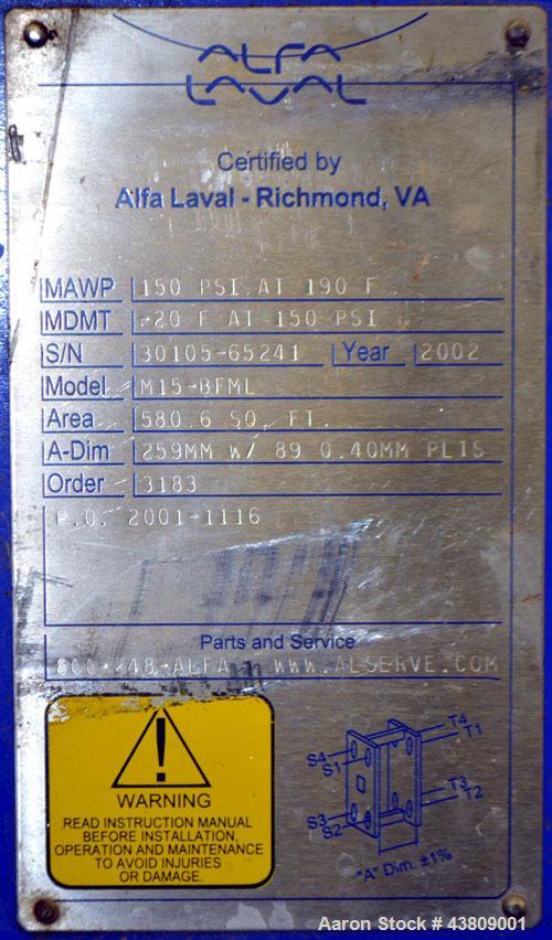 Used- Alfa Laval Thermal Plate Exchanger, 743.6 Square Feet, Model M15-BFML. (114) 0.40 mm Thick 304 stainless steel plates....