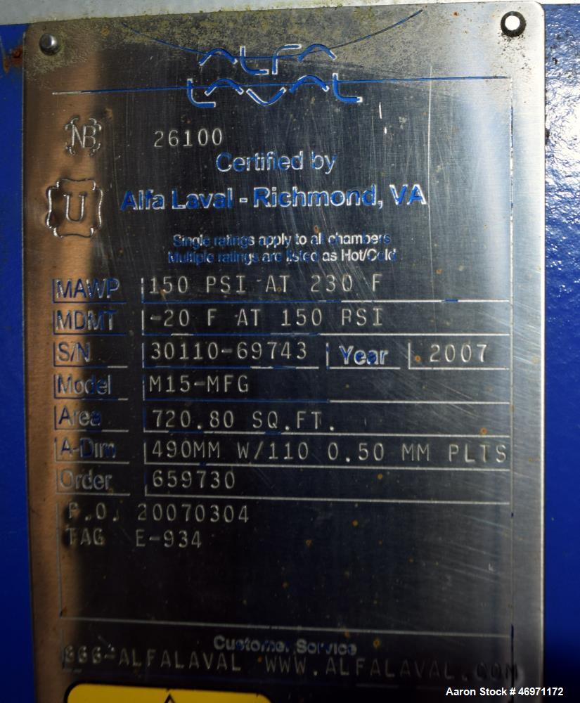 Used- Alfa Laval Plate Heat Exchanger, 720.88 sqft area.