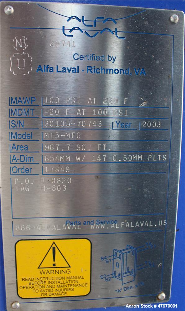 Used Alfa Laval Thermal Plate Exchanger, 967.7 Square Feet, Model M15-MFG.