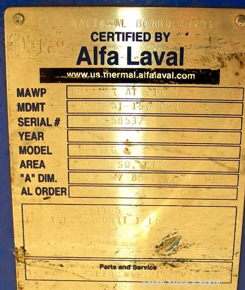 UNUSED- Alfa Laval Gasketed Plate Heat Exchanger, Model M15-MFG, 580.39 Square Feet, 316 Stainless Steel. Max flow rate 2000 gallons per minute. 89 approximately 24" wide plates, rated 150 PSI at 210...
