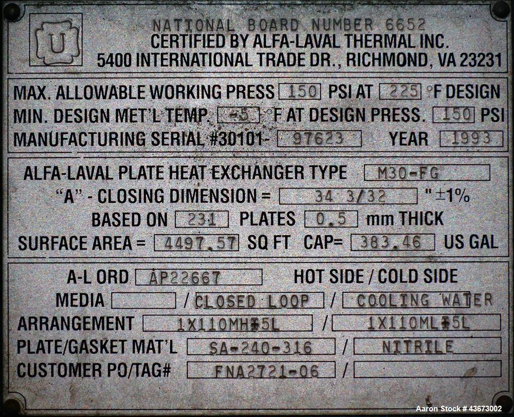 Used Alfa Laval Thermal Paraflow Plate Heat Exchanger, Model M30-FG