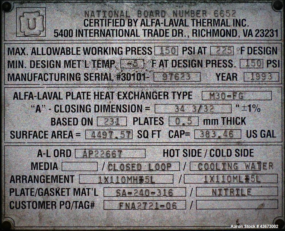 Used- Alfa Laval Thermal Paraflow Plate Heat Exchanger, Model M30-FG