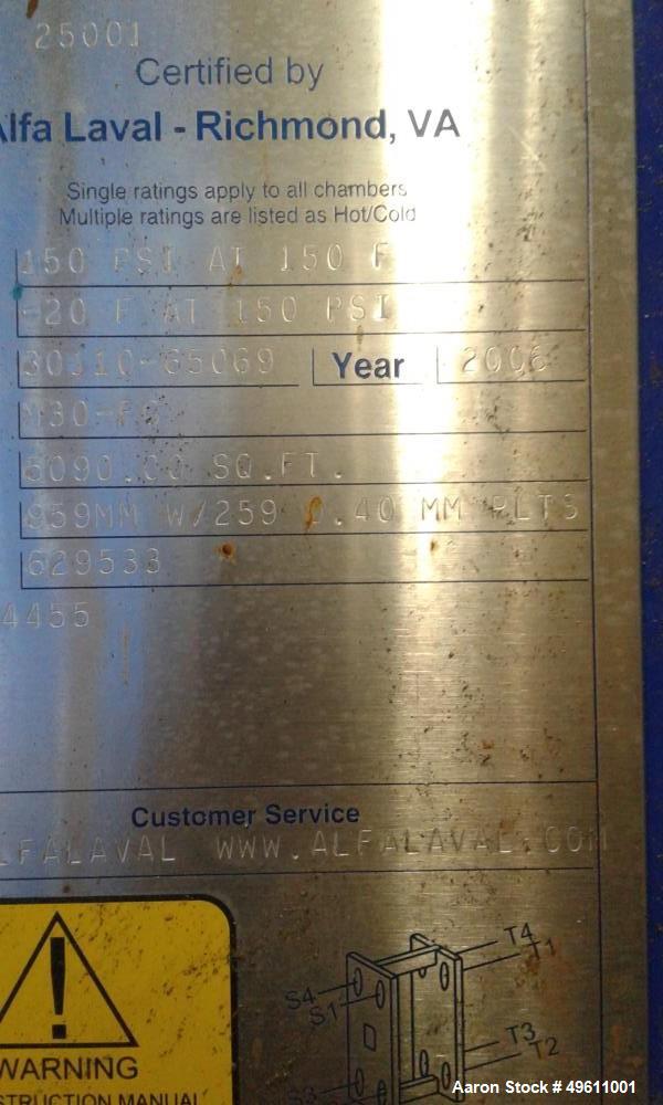 Used Alfa Laval Plate Heat Exchanger. 5090.00 Sq.Ft. Surface Area. Model M30-FG. Approximate 259 .40MM Plates rated 150 PSI @ -20/ + 150 Degree F.New in 2006..