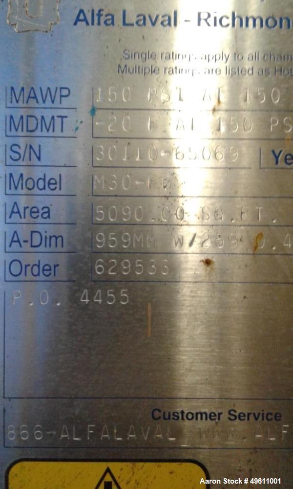 Used Alfa Laval Plate Heat Exchanger. 5090.00 Sq.Ft. Surface Area. Model M30-FG. Approximate 259 .40MM Plates rated 150 PSI @ -20/ + 150 Degree F.New in 2006..