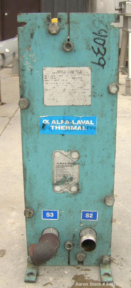 Used Alfa Laval Plate Heat Exchanger, model M6-MDFG, 316 stainless steel, 48 square feet. Maximum flow rate 3.52 gallons per minute. (32) Approximate 12" wide x 36" long plates, rated 150 psi at 230 ...