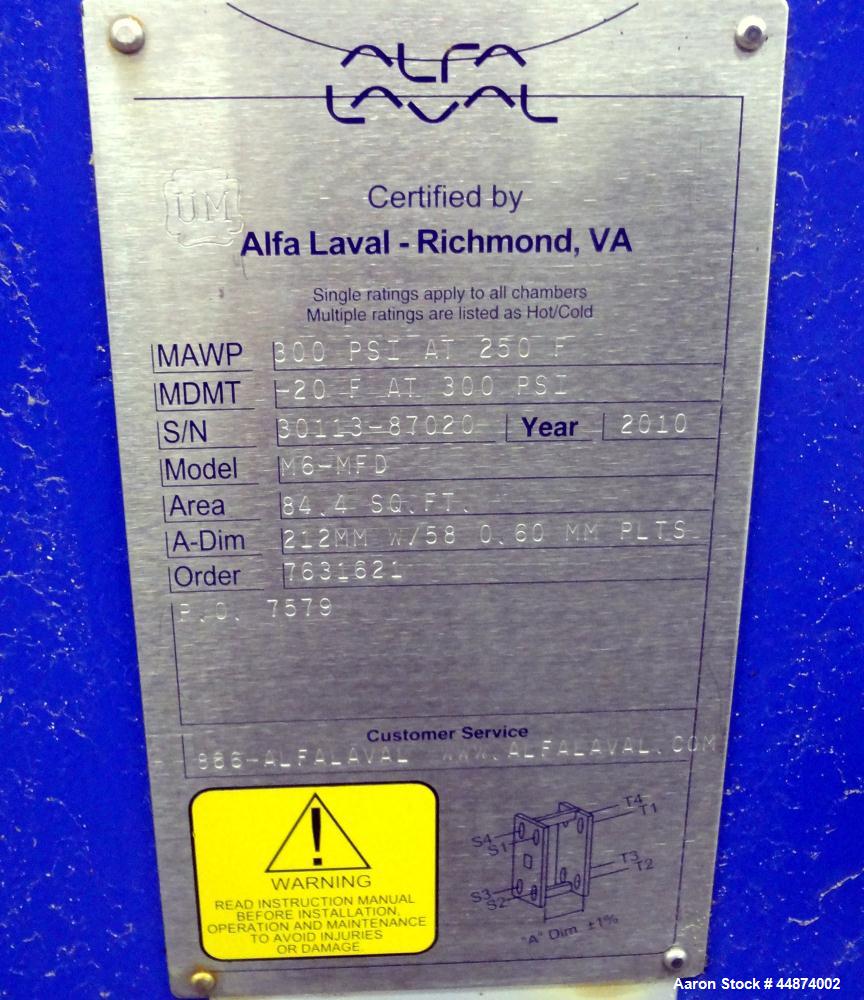 Unused- Alfa Laval Plate Exchanger, Model M6-MFD, 84.4 Square Feet.  (58) 0.60 mm Thick 316 stainless steel plates. Designed...