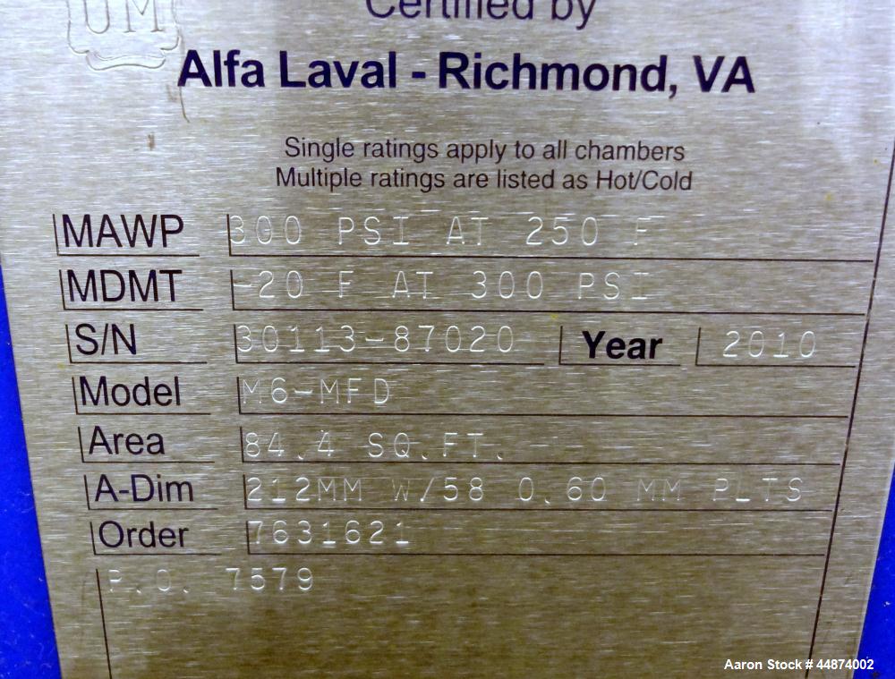 Unused- Alfa Laval Plate Exchanger, Model M6-MFD, 84.4 Square Feet.  (58) 0.60 mm Thick 316 stainless steel plates. Designed...