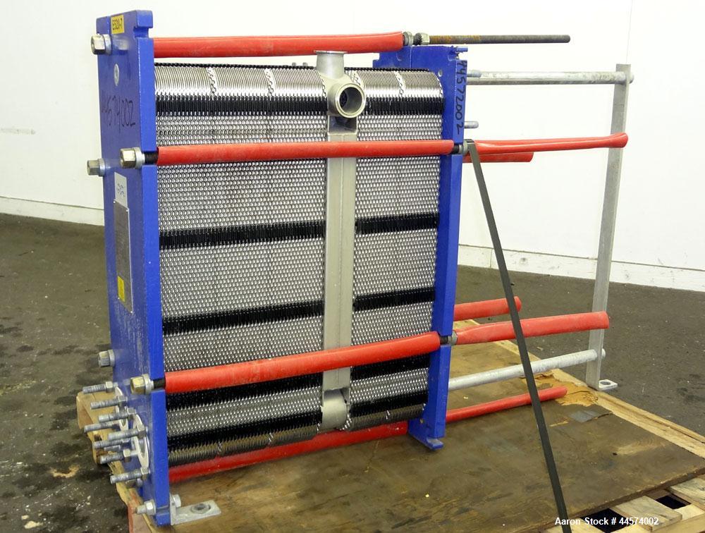 Used Alfa Laval Plate Exchanger, 215 Square Feet, Model M6-MFG.  (146) 0.60 mm thick 316 stainless steel plates, approximately 9-1/2” wide x 29-1/2” tall. Designed 149 psi at 250 degrees F.  (2) 2” I...