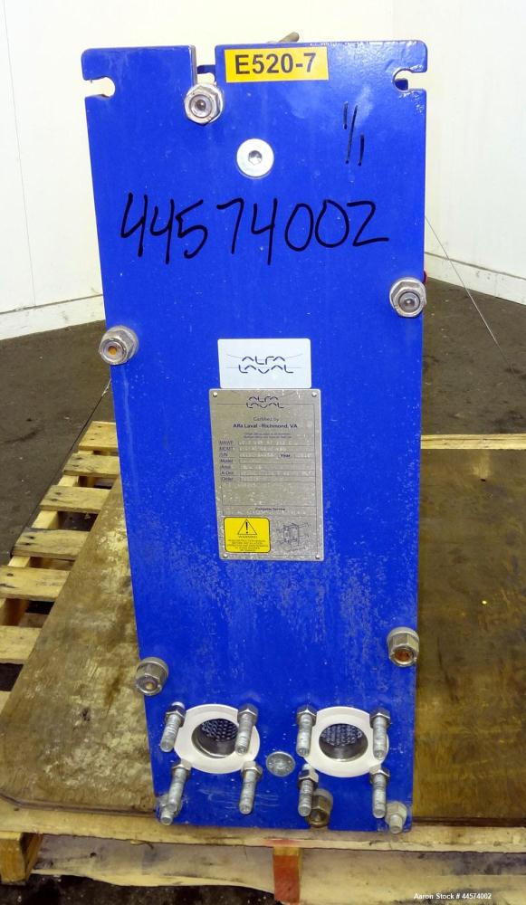 Used Alfa Laval Plate Exchanger, 215 Square Feet, Model M6-MFG.  (146) 0.60 mm thick 316 stainless steel plates, approximately 9-1/2” wide x 29-1/2” tall. Designed 149 psi at 250 degrees F.  (2) 2” I...