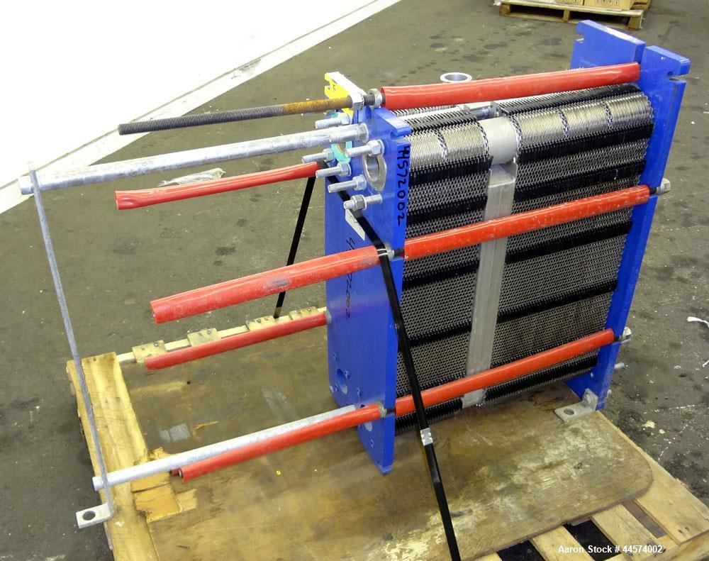Used Alfa Laval Plate Exchanger, 215 Square Feet, Model M6-MFG.  (146) 0.60 mm thick 316 stainless steel plates, approximately 9-1/2” wide x 29-1/2” tall. Designed 149 psi at 250 degrees F.  (2) 2” I...