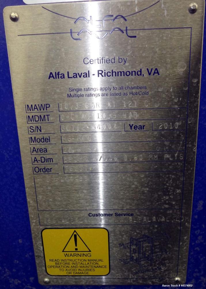 Used Alfa Laval Plate Exchanger, 215 Square Feet, Model M6-MFG.  (146) 0.60 mm thick 316 stainless steel plates, approximately 9-1/2” wide x 29-1/2” tall. Designed 149 psi at 250 degrees F.  (2) 2” I...